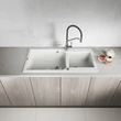 Kép 3/4 - Laveo MILOS 2M 100 kétmedencés gránit fehér mosogató helytakarékos dugókiemelős szifonnal