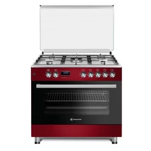 NOVACOOK F9S50E6-RD 90x60cm EXTRA SZÉLES DIGITÁLIS kombi tűzhely,5 ÉGŐFEJ, BORDÓ színben WOK ,DUPLA beépített forgónyárs