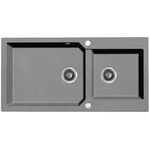 Laveo MILOS 2M 100 kétmedencés gránit szürke mosogató helytakarékos dugókiemelős szifonnal