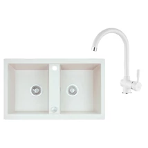 Laveo BARBADOS fehér kétmedencés szett dugókiemelős helytakarékos szifonnal