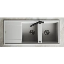 Laveo MEGALO kétmedence csepptálcás fehér mosogató dugókiemelős helytakarékos szifonnal