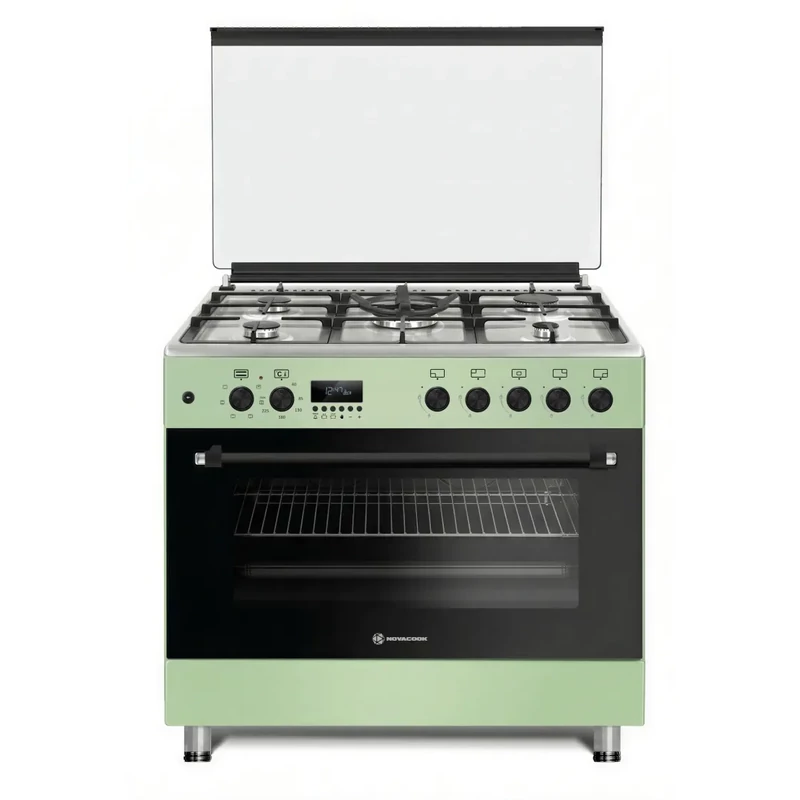 NOVACOOK F9S50E6 ZÖLD 90x60cm EXTRA SZÉLES DIGITÁLIS kombi tűzhely,5 ÉGŐFEJ, Gyöngyházzöld színben WOK, DUPLA beépített forgónyárs