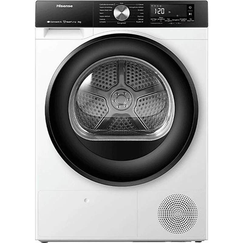 Hisense DH3S802BW3 Szárítógép,  8 kg / 100l, "C"  LED képernyő érintőgombokkal, TwinFlow kétirányú levegőbefújás, WIFI ConnectLife alkalmazás, AntiCrease gyűrődésmentesítő funkciók , Dobvilágítás