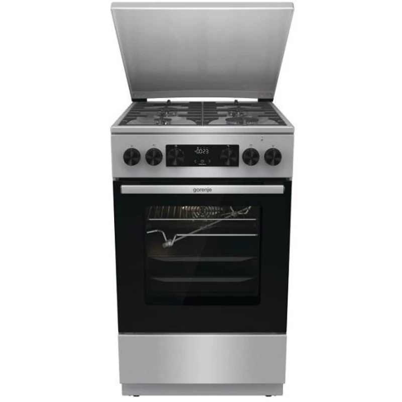 Gorenje GKS5C71XF Kombinált tűzhely, 4 gázégő, elektromos multifunkciós sütő Pizza funkcióval,kijelző, fém tetővel, teleszkópos sütősín, lassú ajtózáródás, air fry, fém tető, szürke szín, gőzfunkcióval