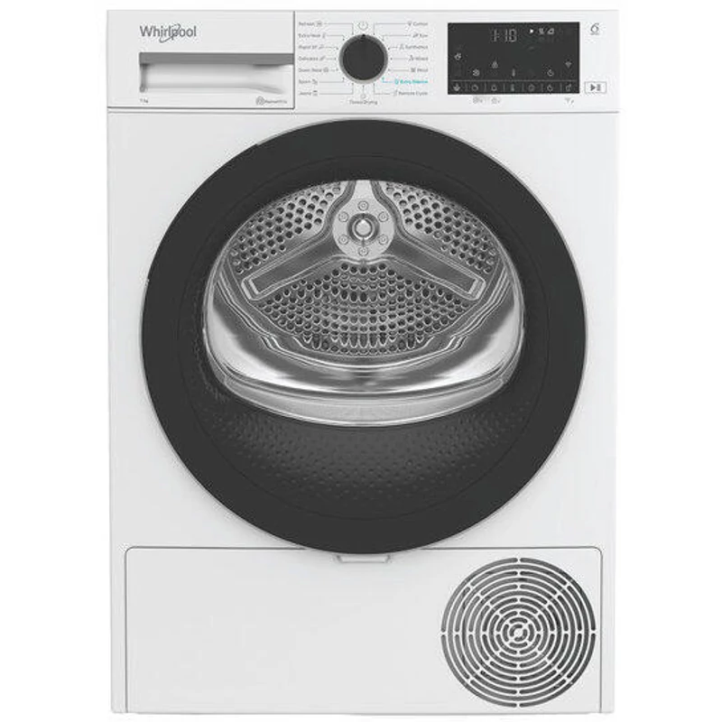 WHIRLPOOL WPSC7XWBSEE Hőszivattyús keskeny szárítógép Inverter motorral, "C"  7 kg , nagy digitális kijelző, 6. Érzék PrecisionDry funkció. Dobvilágítás. Steam Refresh gőzfrissítés