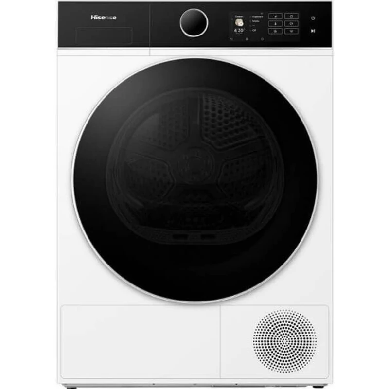 Hisense DH5I104BWAB Szárítógép,  10 kg / 125l, "A"  iPlay: színes TFT kijelző érintőgombokkal,  WIFI ConnectLife alkalmazás,   AntiCrease gyűrődésmentesítő funkciók, iDry: 29perc alatt 1kg ruha,  Dobvilágítás, üvegajtó - megfordítható ajtónyitás