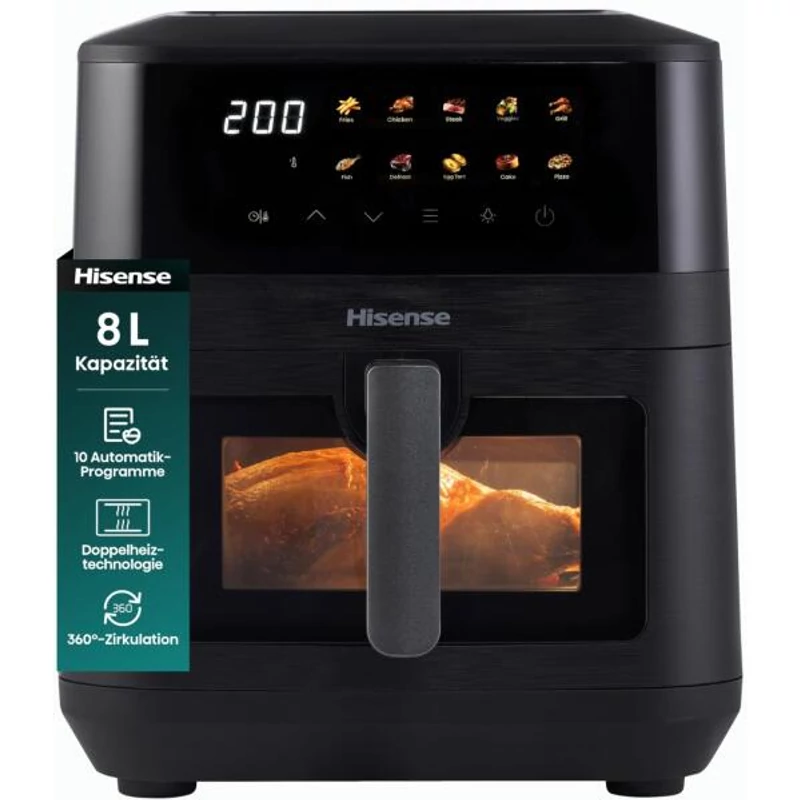 Hisense HAF2100DCD Air fryer - Forró levegős sütő - betekintő ablakkal    2100 W,  7,7 l, kivehető tál , egyszerű színes digitális kijelző, 10 előre beállított sütési program,  automatikus kikapcsolás
