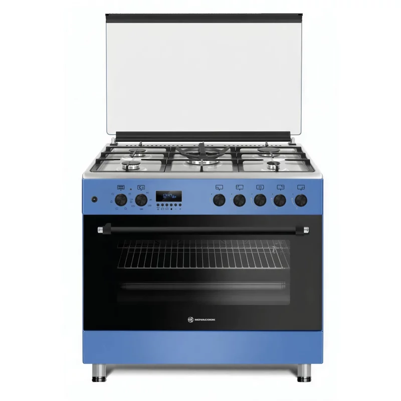 NOVACOOK F9S50E6 KÉK 90x60cm EXTRA SZÉLES DIGITÁLIS kombi tűzhely,5 ÉGŐFEJ, Gyöngyházkék színben WOK, DUPLA beépített forgónyárs