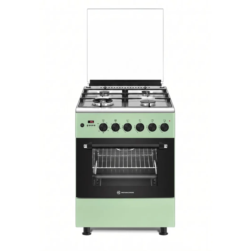 NOVACOOK F6TS40 Zöld 60x60cm gáz elektromos DIGITÁLIS kombi tűzhely Gyöngyházzöld,WOK, Beépített forgónyárs