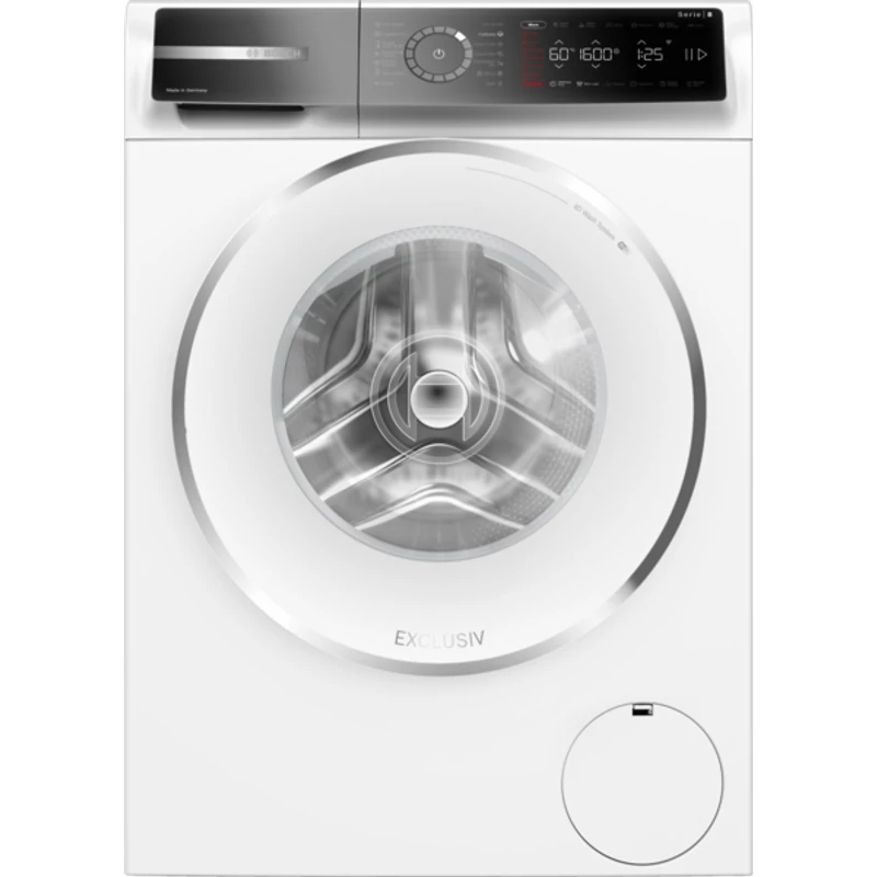 Bosch WGB256A6BY Elöltöltős mosógép - Serie8 - Exlusive kivitel - Home Connect - i-DOS automatikus adagolás - IronAssist gőzprogram és opció - 10 kg - Energiaosztály: A-30% - 1600 ford/perc - Fehér-inox ajtó - Döntött, nagyméretű TouchControl kijelző digi
