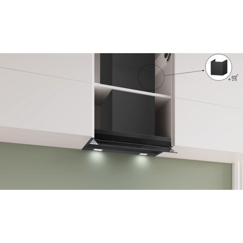 BOSCH DBB67DP60 Beépíthető design páraelszívó - Serie6 - Home Connect & Hob-Hood Control - 60cm - max. 699 m3/h - 3+1 fokozat - Fekete készülékház - Üveg légterelő panel - DirectSelect TouchControl vezérlés az üveg panelen.
