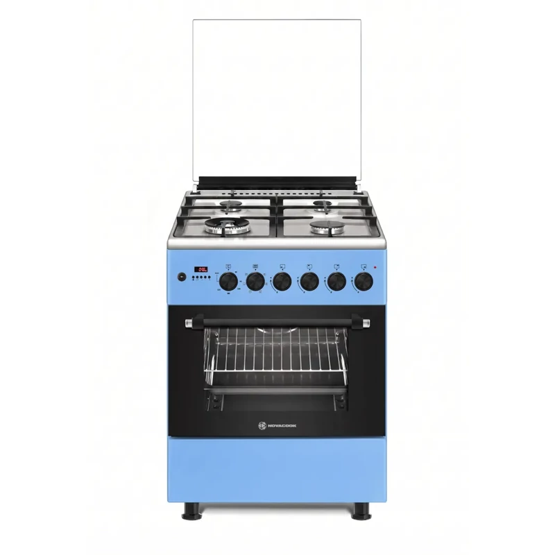 NOVACOOK F6TS40 Kék 60x60cm gáz elektromos DIGITÁLIS kombi tűzhely Gyöngyházkék,WOK, Beépített forgónyárs