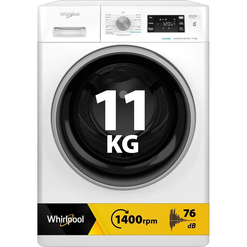 WHIRLPOOL WPM011WADSEE Elöltöltős gőzfunkciós mosógép automata mosószeradagolással és HomeWhiz távoli eléréssel, "A-50%" 1400 f, 10kg , csendes inverter motor , nagyméretű digitális kijelző,  6. Érzék funkció,  FreshCare+