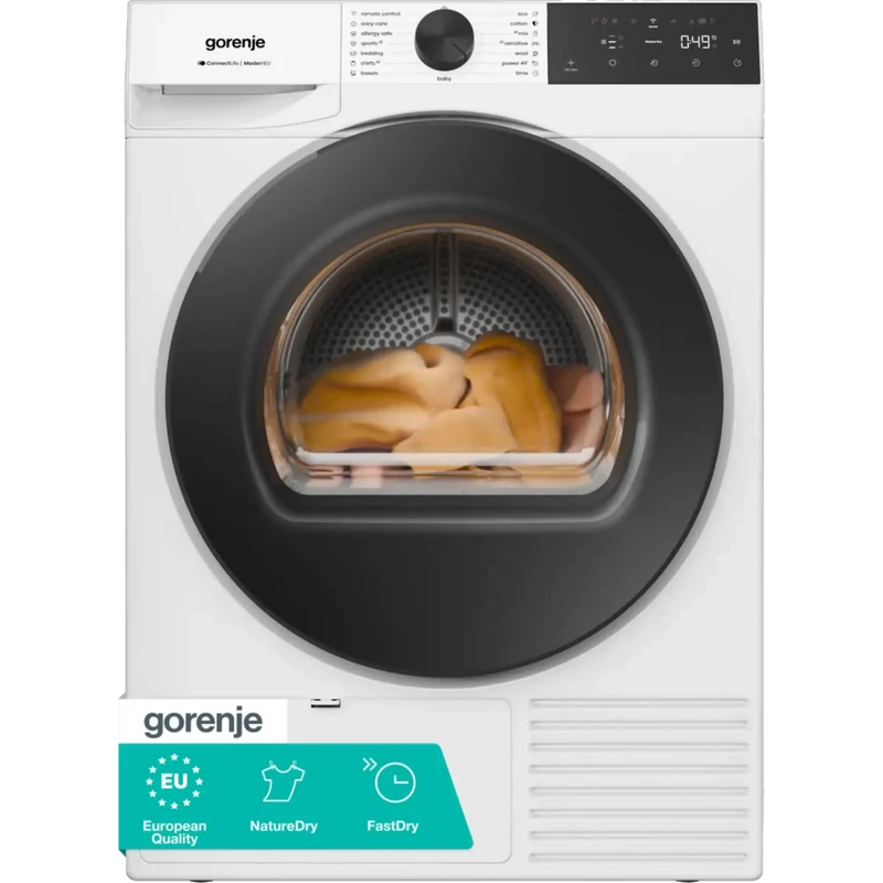 Gorenje DG41DP Szárítógép, 10 kg / "D" , hőszivattyús, LED képernyő érintőgombokkal, WIFI - ConnectLife képes,  dobvilágítás, ExtraHygiene program