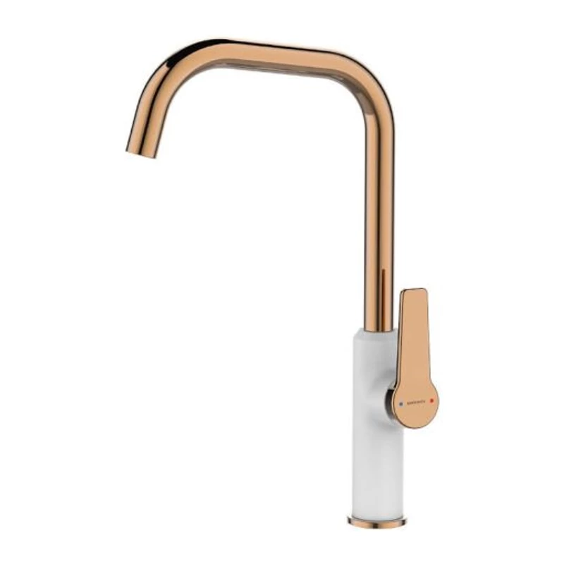 Laveo ALANIS Konyhai csaptelep L alakú kiömlővel, Szín: fehér/rózsaarany