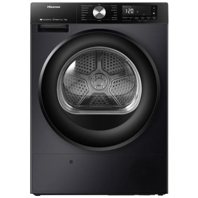 Hisense DH3S902BB3 Szárítógép,  9 kg / 125l, "C", LED képernyő érintőgombokkal, TwinFlow kétirányú levegőbefújás, WIFI ConnectLife alkalmazás,AntiCrease gyűrődésmentesítő funkciók  Dobvilágítás,  fekete