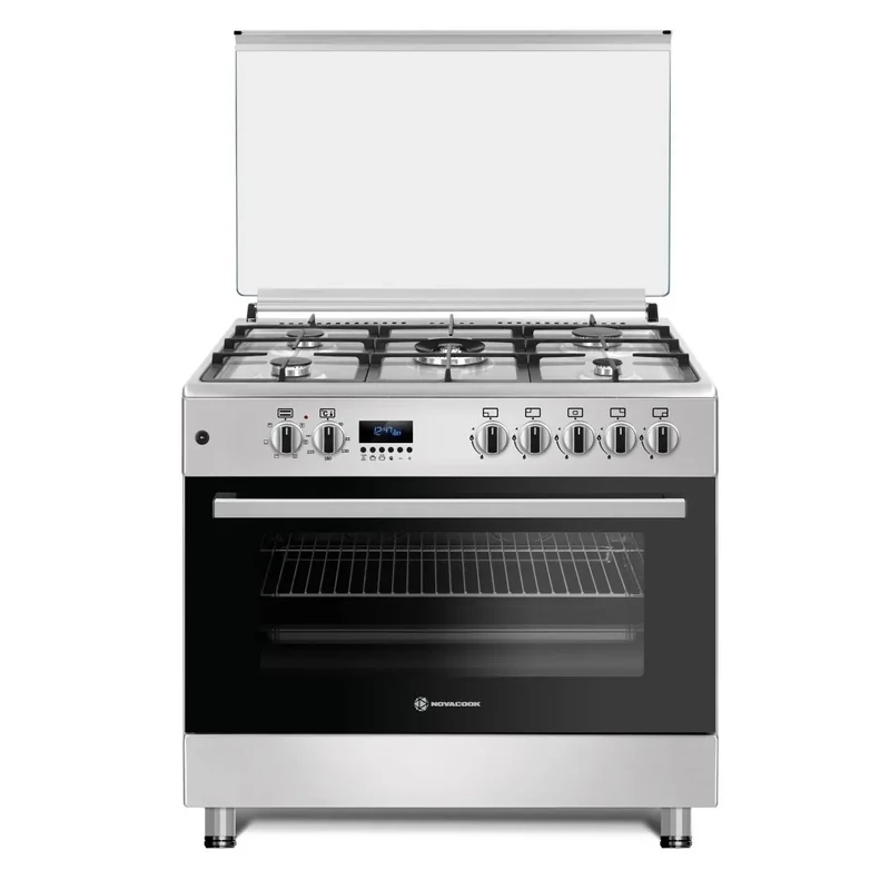 NOVACOOK F9S50E6-HI 90x60cm EXTRA SZÉLES DIGITÁLIS kombi tűzhely,5 ÉGŐFEJ, INOX színben WOK , DUPLA beépített forgónyárs