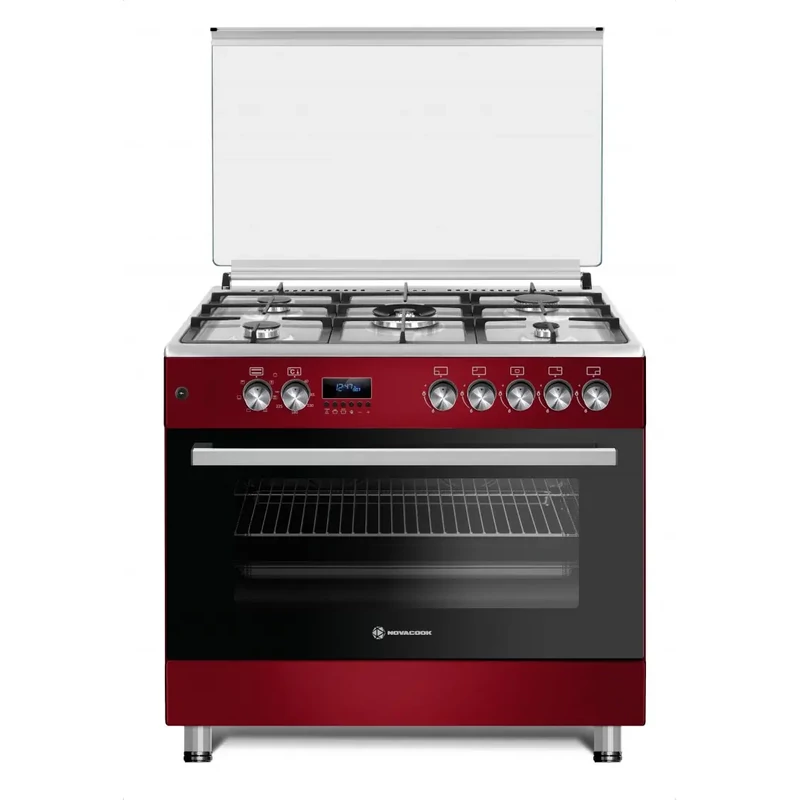 NOVACOOK F9S50E6-RD 90x60cm EXTRA SZÉLES DIGITÁLIS kombi tűzhely,5 ÉGŐFEJ, BORDÓ színben WOK ,DUPLA beépített forgónyárs