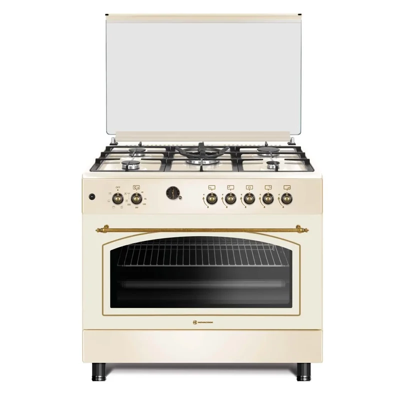 NOVACOOK F9S50E6-RC RETRO 90x60cm EXTRA SZÉLES DIGITÁLIS kombi tűzhely,5 ÉGŐFEJ, Retro Bézs színben WOK ,DUPLA beépített forgónyárs