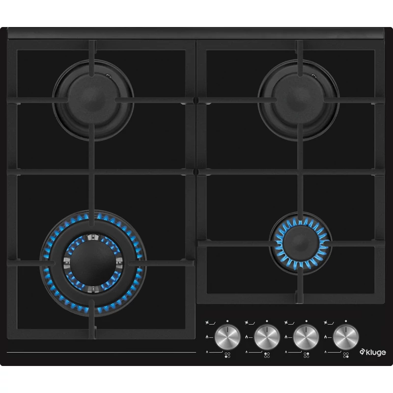 Kluge KPG6010BG beépíthető gáz főzőlap, 60 cm, fekete üveg, WOK égő