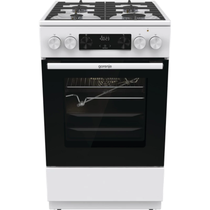 Gorenje GKS5C75WF  KOMBINÁLT TŰZHELY,  70l, HomeMadePlus kemence formájú sütőkamra,"A"  max. hőmérséklet 275°C,   multifunkciós sütő ExtraSteam GŐZFUNKCIÓval, Pizza, AirFry , GentleClose lassú ajtózáródás, tető nélkül, fehér szín, 85/50/59,4cm