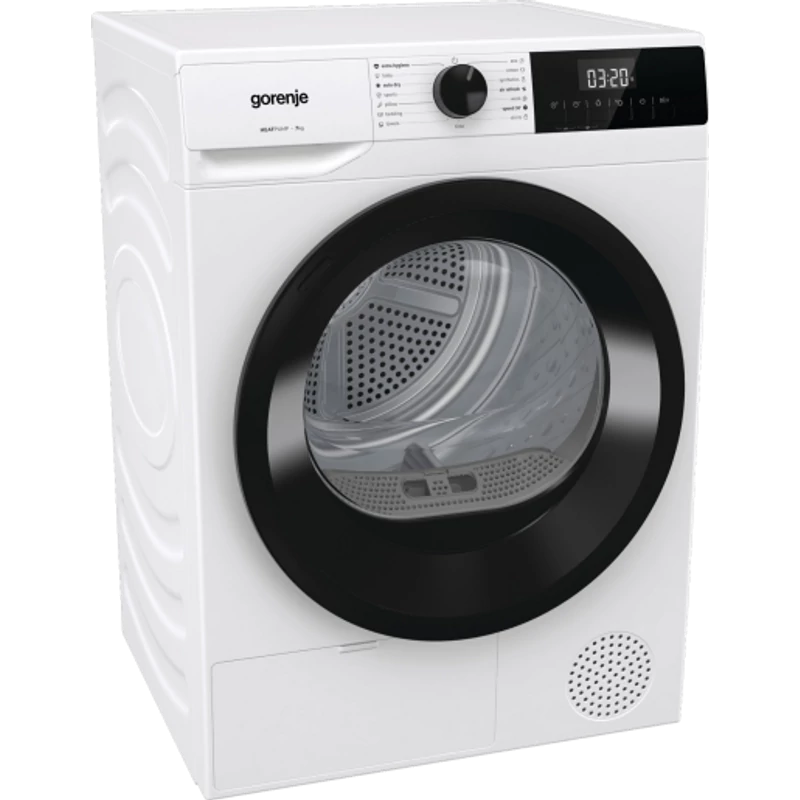 Gorenje D2HNE7E ESSENTIAL+,  7 kg , "E" , hőszivattyús, LED képernyő érintőgombokkal,  ReFresh és gyűrődésmentesítő program, 84,5/59,5/51cm, fehér-fekete szín