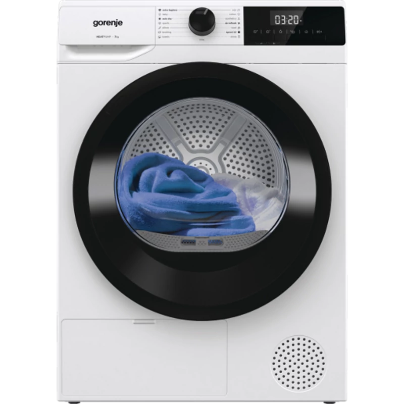 Gorenje D2HNE7D ESSENTIAL+,  7 kg , "D" , hőszivattyús, LED képernyő érintőgombokkal,  ReFresh és gyűrődésmentesítő program,  ExtraHygiene program,  84,5/59,5/51cm, fehér-fekete szín