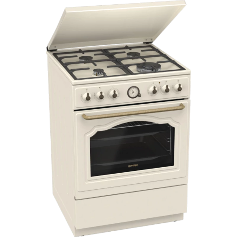 Gorenje GKS6C71CLI Kombinált tűzhely, 4 gázégő, elektromos multifunkciós sütő Pizza funkcióval,kijelző, fém tetővel, air fry, fém tető, 60 cm széles, gőzfunkcióvai, Classico bézs szín