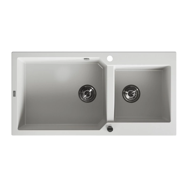 Laveo MILOS 2M 100 kétmedencés gránit fehér mosogató helytakarékos dugókiemelős szifonnal