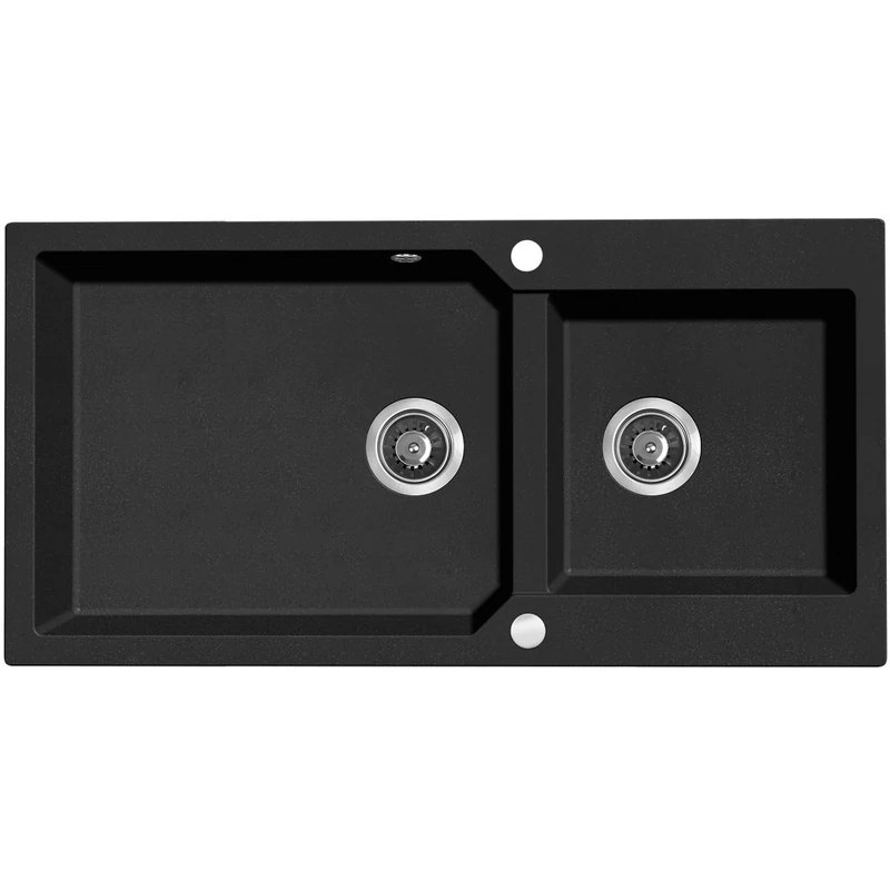 Laveo MILOS 2M 100 kétmedencés gránit matt fekete mosogató helytakarékos dugókiemelős szifonnal