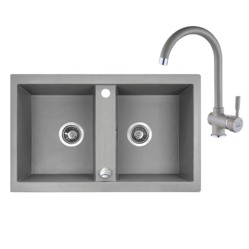 Laveo BARBADOS fekete kétmedencés szett dugókiemelős helytakarékos szifonnal