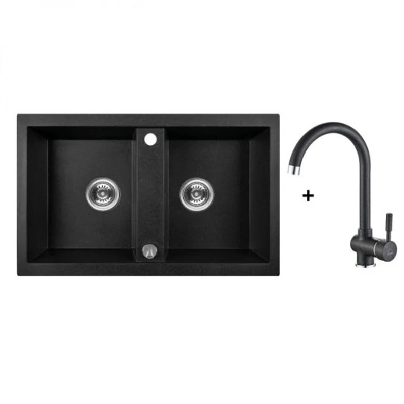 Laveo BARBADOS SET MATT fekete Gránit mosogató: kétmedencés, Szín: MATT fekete, MATT Fekete álló csapteleppel, SRBA_720RL Laveo BARBADOS SET MATT fekete Gránit mosogató: kétmedencés, Szín: MATT fekete, MATT Fekete álló csapteleppel, SRBA_720RL
