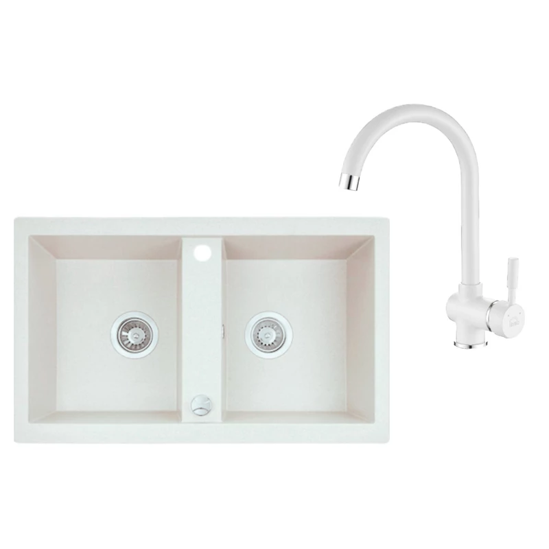 Laveo BARBADOS fehér kétmedencés szett dugókiemelős helytakarékos szifonnal