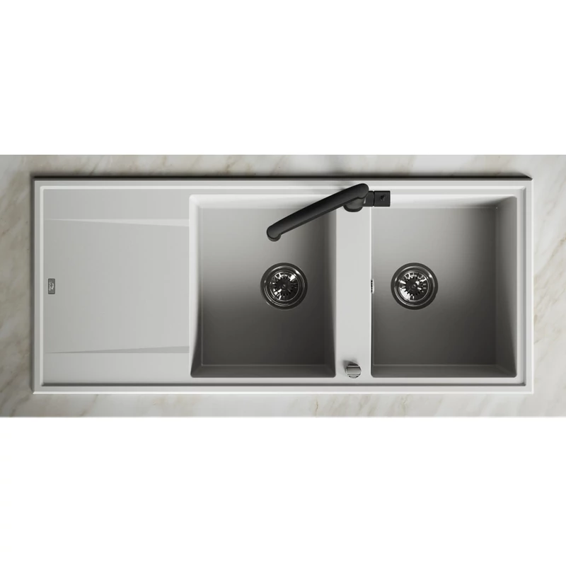 Laveo MEGALO kétmedence csepptálcás fehér mosogató dugókiemelős helytakarékos szifonnal