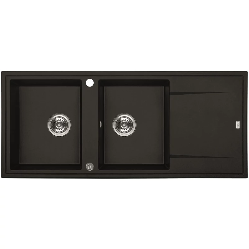 Laveo MEGALO kétmedence csepptálcás matt fekete mosogató dugókiemelős helytakarékos szifonnal