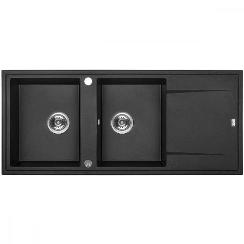 Laveo MEGALO Gránit mosogató: kétmedence csepptálcás, fekete