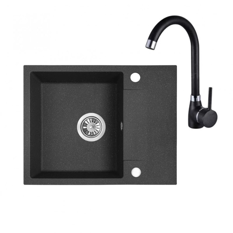 Laveo RAB MINI szemcsés fekete szett álló csappal, helytakarékos szifonnal, csaplyuktakaró dugóval