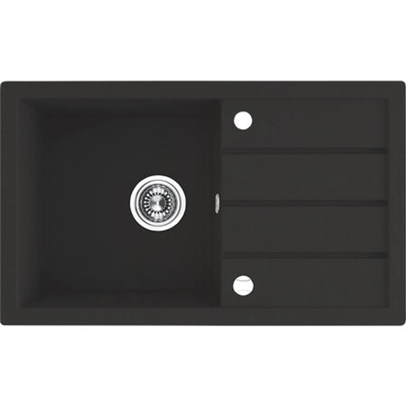 Laveo RINA csepptálcás szemcsés fekete mosogató, automata dugókiemelős, helytakarékos szifonnal