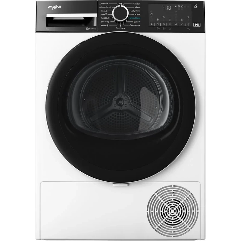 WHIRLPOOL WPB8XWBSEE Hőszivattyús szárítógép Inverter motorral, IronTouch gőztechnológiával és HomeWhiz távoli eléréssel, "B" , 8kg , nagy digitális kijelző,  6. Érzék PrecisionDry funkció. Dobvilágítás. Steam Refresh gőzfrissítés