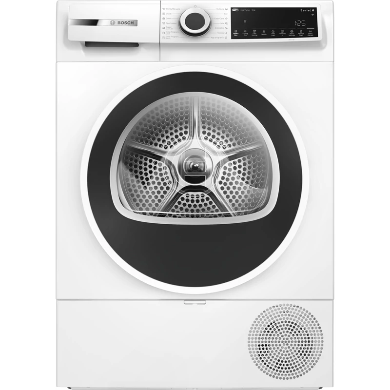 Bosch WQJ24200BY hőszivattyús szárítógép, 9 kg, Könnyen tisztítható szűrő, Elektronikus vezérlés/dönthető érintőkijelző, 9 opció, Smart Dry, Home Connect, D osztály, Fehér/antracit