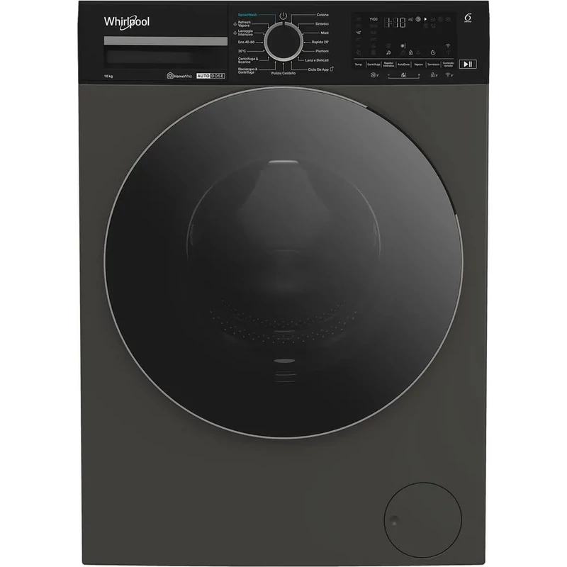 WHIRLPOOL WPM011GADSEE Elöltöltős gőzfunkciós mosógép automata mosószeradagolással és HomeWhiz távoli eléréssel, "A-50%"  1400 f, 10kg , csendes inverter motor , nagyméretű digitális kijelző,  szürke készülékszín,  6. Érzék funkció, FreshCare+