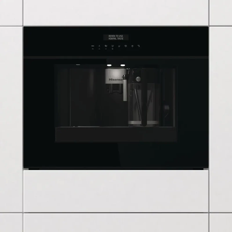 Hisense CM4340DBG BEÉPÍTHETŐ AUTOMATA KÁVÉFŐZŐ - automatikus capucciono készítő funkcióval - tejkannával, LCD kijelző, érintőgombos vezérlés,   15 bar nyomás, örlés erősség állítás, 1,8 literes víztartály, teafőzés opció, 200 grammos babtartály, világítás