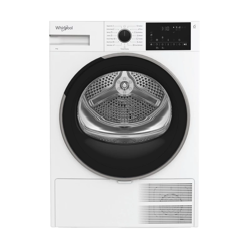 WHIRLPOOL WSD7WBHU Hőszivattyús keskeny szárítógép Inverter motorral, IronTouch gőztechnológiával és HomeWhiz távoli eléréssel, "D" , 7 kg , nagy digitális kijelző,  6. Érzék PrecisionDry funkció.  Dobvilágítás. Steam Refresh gőzfrissítés