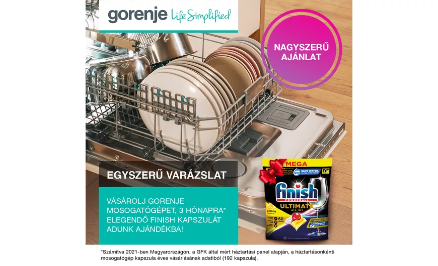 Vásárolj most Gorenje mosogatógépet, és 3 hónapra* elegendő Finish kapszulát adunk ajándékba!