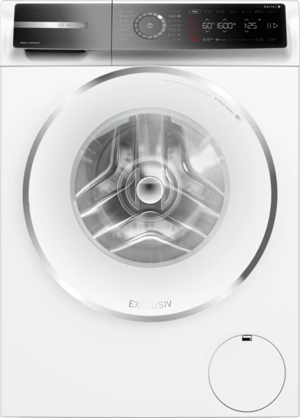 Bosch WGB256A6BY Elöltöltős mosógép - Serie8 - Exlusive kivitel - Home Connect - i-DOS automatikus adagolás - IronAssist gőzprogram és opció - 10 kg - Energiaosztály: A-30% - 1600 ford/perc - Fehér-inox ajtó - Döntött, nagyméretű TouchControl kijelző digi
