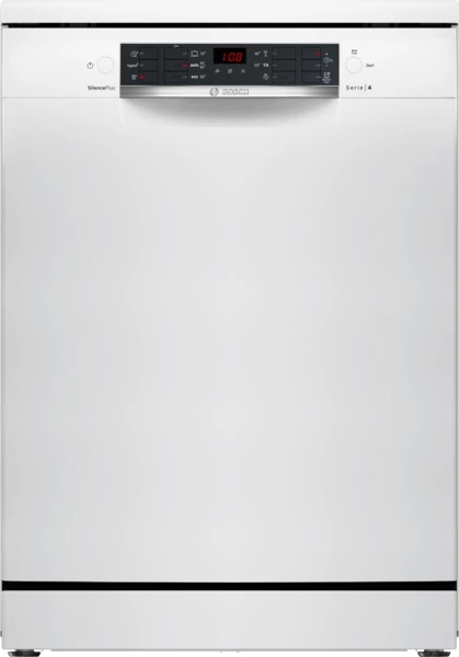 Bosch SMS46KW02E Szabadonálló Mosogatógép - Serie4 - Fehér - 13 teríték - Energiaosztály:E - 5 program - 4 opció - LED kijelző - Nyomógombos vezérlés - Hőcserélős kondenzációs szárítás - VarioFlex kosárrendszer