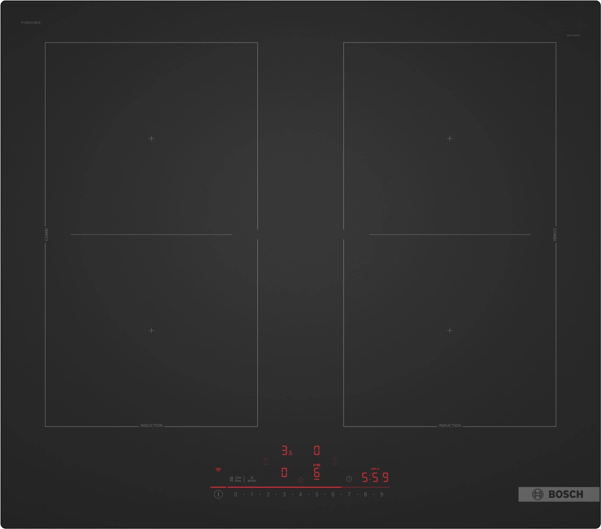 Bosch PVQ61CHB1E Beépíthető kerámia főzőlap , Matt Design felület (karcálló) , Serie6 , Home Connect & Hob,Hood Control  , Keret nélküli kivitel , 2,2 összekapcsolható CombiInduction zóna