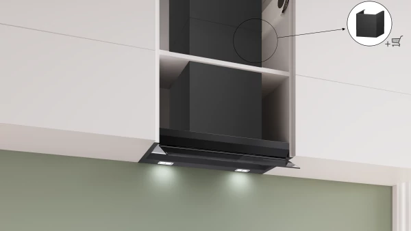 BOSCH DBB67DP60 Beépíthető design páraelszívó - Serie6 - Home Connect & Hob-Hood Control - 60cm - max. 699 m3/h - 3+1 fokozat - Fekete készülékház - Üveg légterelő panel - DirectSelect TouchControl vezérlés az üveg panelen.