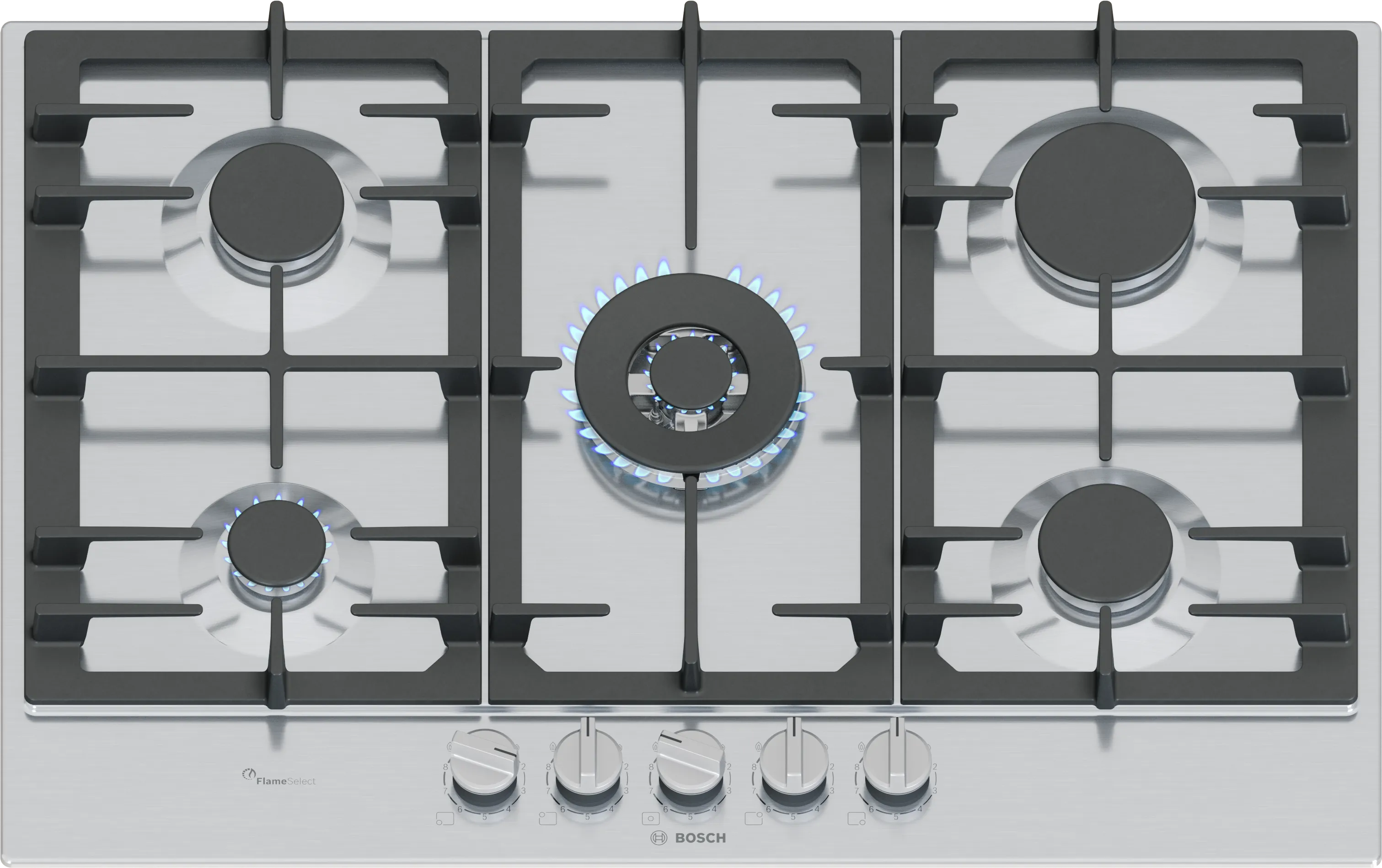 Bosch PCQ7A5I90 ázfőzőlap - nemesacél felület - Serie6 - 75cm - 5 gázégő - WOK